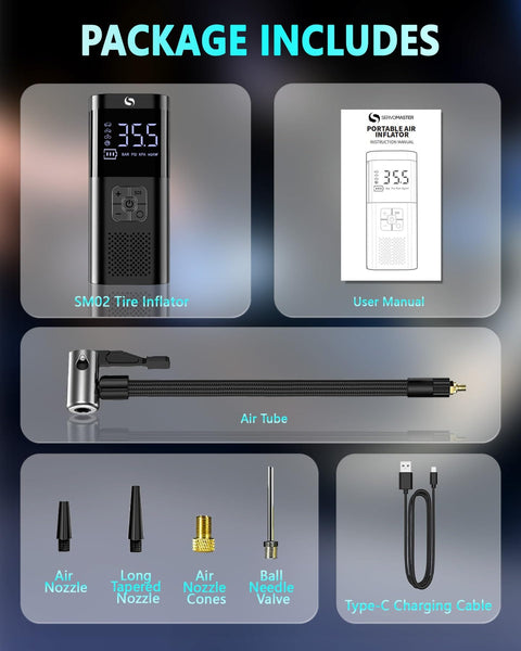 Cordless Tire Inflator Portable Air Compressor with LED Light, user manual, air tube, nozzles, and charging cable included