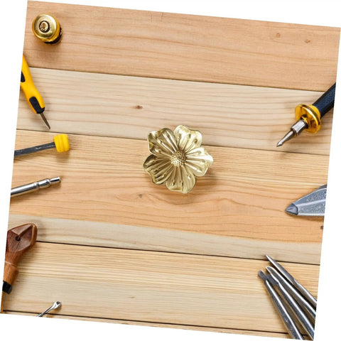 Vintage Brass Flower Cabinet Handle Single Hole Drawer Pull for Wardrobe and Cupboard Doors with tools on wooden surface