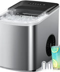 Countertop Ice Maker For Home And On The Go, Quick 3.5 Minutes Small Ice With 9 Cubes Per Cycle next to a lemonade glass.