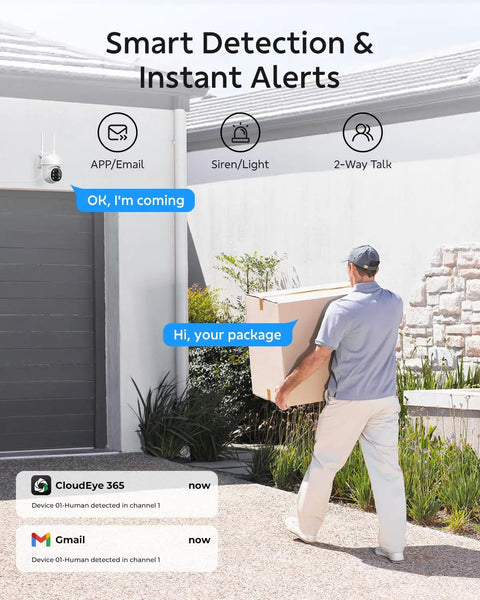 Wireless 4K Security Camera System With Monitor, 10X Zoom Dual Lens kit capturing delivery with smart alerts at front door