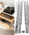 Heavy Duty 14 Inch Thin Drawer Slides With Low Profile Ball Bearing Tracks 4 Pack For Kitchen Cabinets shown with open drawer and kitchen tools.