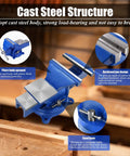 Heavy Duty 6 Inch Bench Vise With Locking Base Clamp Cast Steel 360 Degree Swivel Built In Anvil For Woodworking Conduit Drilling Cutting And Sanding On a Desktop Workbench, cast steel body