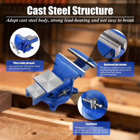 Heavy Duty 6 Inch Bench Vise With Locking Base Clamp Cast Steel 360 Degree Swivel Built In Anvil For Woodworking Conduit Drilling Cutting And Sanding On a Desktop Workbench, cast steel body