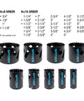 11-Piece Bi-Metal Hole Saw Kit with 7 hole saws from 3/4 to 2-1/2 in, Hex8 and Hex10 arbors, rapid core eject system visible