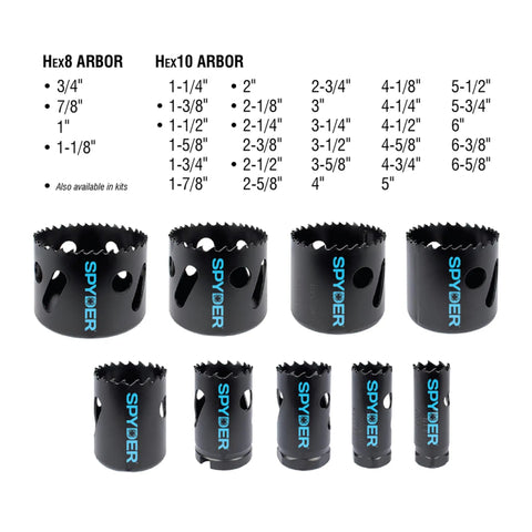 11-Piece Bi-Metal Hole Saw Kit with 7 hole saws from 3/4 to 2-1/2 in, Hex8 and Hex10 arbors, rapid core eject system visible
