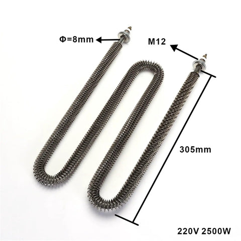 W Shape Finned Heater 220V 2.5 KW Industrial Electric Air Heating Element showing 8mm diameter, 305mm long stainless steel design.