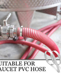 25 Pack Center Punch Hose Clamps Five Eighth Inch Wide Four Inch Diameter 0.025 Inch Thick 201 Stainless Steel Preformed Band Clamps For Hose Ducting Pipes Cable Management And More securing a red PVC hose to a metal faucet.