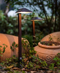 Low Voltage Outdoor Pathway Lighting Kit With 0.6W LED 3100K Warm White 12V Metal Path Lights In Charcoal Brown beside garden pots