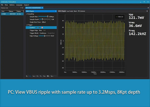 PC displaying VBUS ripple data, part of Lua Programmable USB Power Meter And USB 3.1 Tester With Digital Multimeter Current And Voltage Detector Integrated 12MB Memory PD 2.0/3.0 QC 2.0/3.0/4.0 PPS Fast Charge Diagnostics Tool For Makers