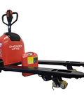 Top Rated 48 Inch By 27 Inch Full Electric Pallet Jack With Lithium Ion Battery 3300 Lb Capacity 24 Volt 30 Ah side view showcasing red and black design.