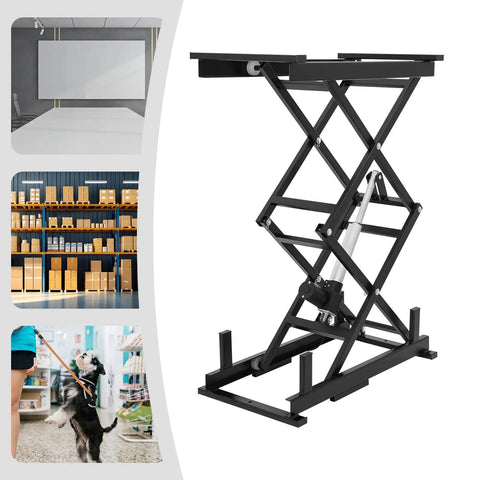 Heavy Duty Electric Scissor Lift Table Rises Smooth With Hydraulic Pump For Factory Work And Warehouse Lifting Up To 140 Pounds of steel goods, black design.