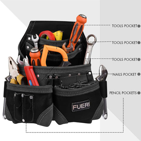 Premium Full Grain Leather Tools Pouch Belt Organizer With Five Pockets For Carpenters And Electricians filled with tools