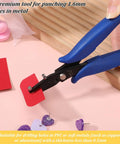 Using One Sixteenth Inch Round Hole Punch Pliers for punching 1.6mm holes in red material for sheet metal and leather crafting.