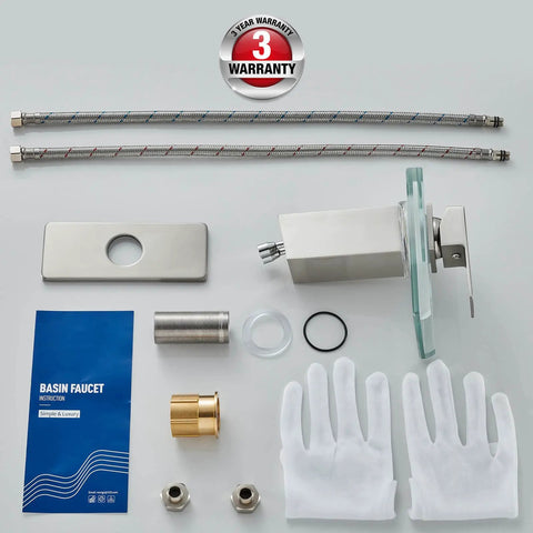 Installation kit for LED Waterfall Bathroom Faucet With Lit Color Changing Lights, Water Powered No Battery Needed, Glass Faucet With Deck Plate, Single Handle for 1-Hole or 3-Hole Sinks, Brushed Nickel Finish