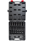 Open case of Forty Three Piece One Half Inch Drive Impact Socket Set Built Tough With Chromoly Steel Construction Radius Corner Design.