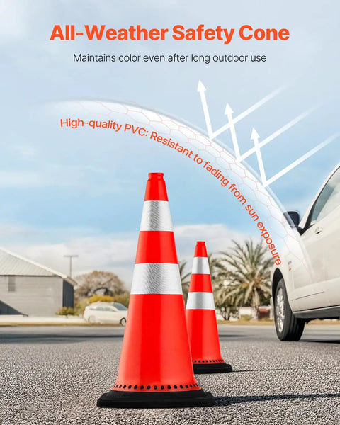 Eight Pack 30 Inch PVC Safety Cones With Reflective Collars And Black Weighted Bases For Traffic Control in outdoor setting