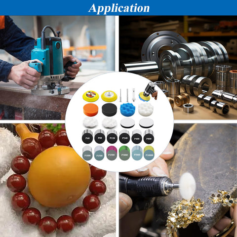 Various applications of All In One 160 Pieces 3 Inch Sanding Discs Polishing Kit with drill attachment and polishing pads.