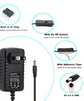 12V 2A DC Power Supply With Inline On Off Switch No Fuss Toggle For Under Cabinet Lighting And Bedside LED Strips 24W Max Output Easy Reach Control From Any Outlet, black adapter