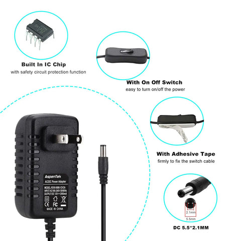 12V 2A DC Power Supply With Inline On Off Switch No Fuss Toggle For Under Cabinet Lighting And Bedside LED Strips 24W Max Output Easy Reach Control From Any Outlet, black adapter
