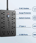 Heavy Duty Flat Plug Surge Protector Power Strip Featuring 11 Wide Spread AC Outlets And 6 Fast Charge USB Ports with switch control.