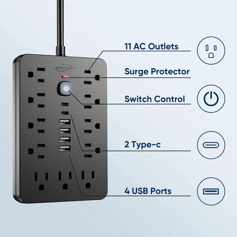 Heavy Duty Flat Plug Surge Protector Power Strip Featuring 11 Wide Spread AC Outlets And 6 Fast Charge USB Ports with switch control.