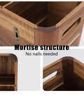 Close-up of Extra Large Utensil Holder for Kitchen Countertop with Four Removable Compartments in Acacia Wood, showing mortise structure.