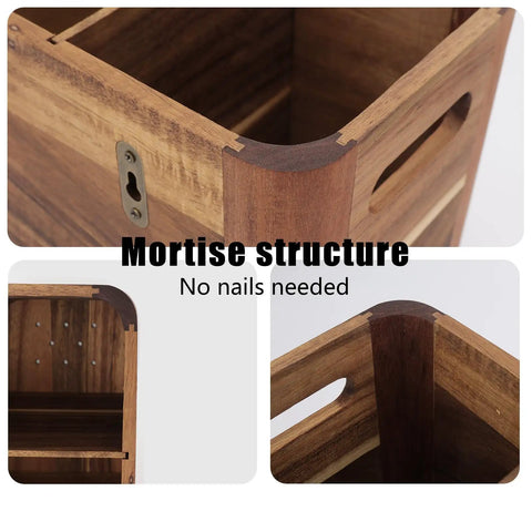 Close-up of Extra Large Utensil Holder for Kitchen Countertop with Four Removable Compartments in Acacia Wood, showing mortise structure.