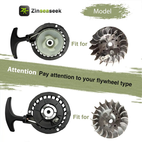 Easy Recoil Pull Starter For 43cc 47cc 49cc 50cc 63cc 70cc Small Engines, shown with compatible flywheel types and model focus.
