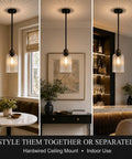 HXXLFONEDP 3 Pack Kitchen Island Pendant Lights, Ribbed Glass, Black showcased in different indoor settings with warm lighting.
