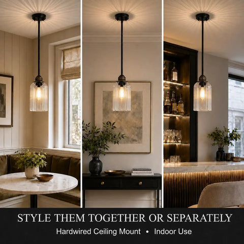 HXXLFONEDP 3 Pack Kitchen Island Pendant Lights, Ribbed Glass, Black showcased in different indoor settings with warm lighting.