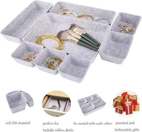 Customizable 8 Pack Felt Drawer Organizer Trays Set For Desk Drawers Shallow Modular Storage Bins For Office Supplies Makeup And Jewelry In Light Gray Mix And Match To Fit Any Drawer Like A Pro