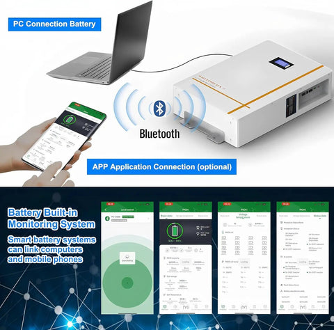 No Fuss Plug And Go 10Kwh Lifepo4 Solar Battery Smart Touch Display 51.2V 200Ah connected to PC and app via Bluetooth.