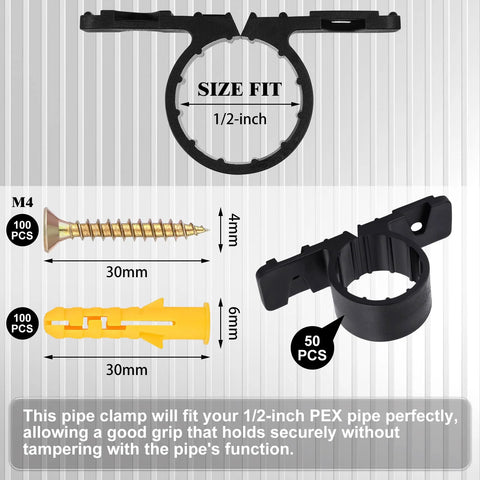 Front view of 50-pack 1/2-inch PEX pipe clamps; black plastic rings with screws and yellow wall anchors