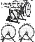 All Weather Indoor Bike Trainer Stand With Magnetic Resistance showing compatibility with 26 to 29 inch and 700C wheels.