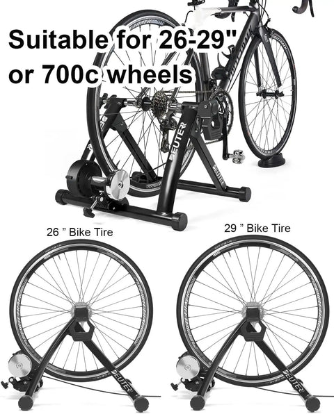All Weather Indoor Bike Trainer Stand With Magnetic Resistance showing compatibility with 26 to 29 inch and 700C wheels.