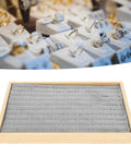 Two Piece Stackable Ring Trays Featuring Slick Grey Velvet Liners And Solid Wood Boards Offer One Hundred Perfect Grids To Up Your Jewelry Game And Keep Every Piece Properly Stashed And Totally Scratch Proof, with gray velvet insert.