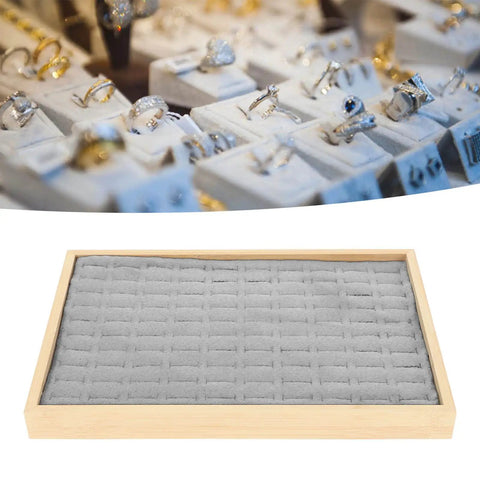 Two Piece Stackable Ring Trays Featuring Slick Grey Velvet Liners And Solid Wood Boards Offer One Hundred Perfect Grids To Up Your Jewelry Game And Keep Every Piece Properly Stashed And Totally Scratch Proof, with gray velvet insert.