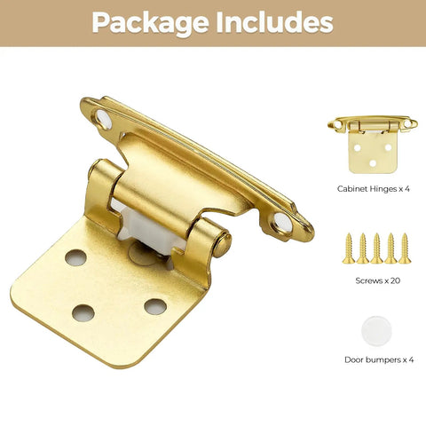 Top Shelf Gold Cabinet Hinges Four Pack Semi Concealed One Half Overlay showing hinge details with screws and door bumpers included.