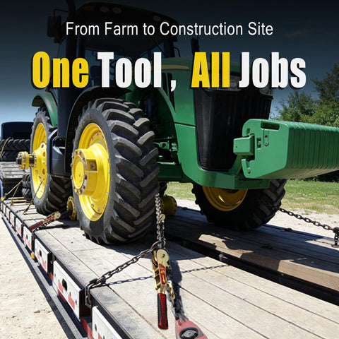 Heavy Duty Ratchet Chain Binders With Grab Hooks 5400 Lbs Working Load Limit securing tractor on flatbed