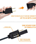 Connection details of Outdoor LED String Lights 48ft Waterproof Patio Party Lights with shatterproof bulbs and spare fuse setup.