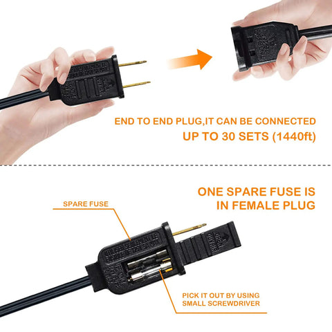 Connection details of Outdoor LED String Lights 48ft Waterproof Patio Party Lights with shatterproof bulbs and spare fuse setup.