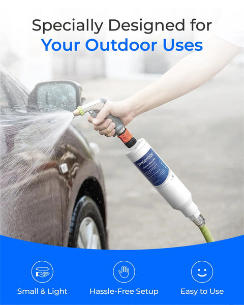 Person using Hard Water Filter For Hose Car Wash And Window Cleaning Water Deionizer For Cars Boats And More Softens Water.