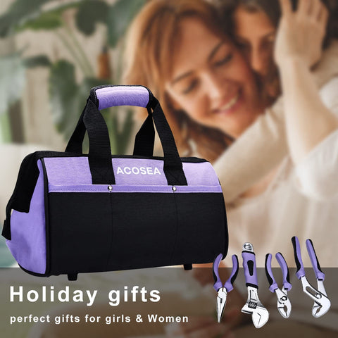 Purple Tool Set For Women 223-Piece Home Repair And DIY Kit including bag and tools, showcased as holiday gift