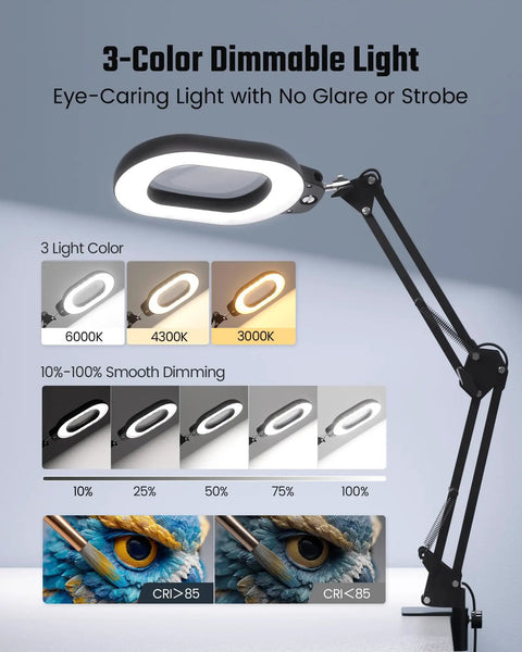 Crystal Clear 10X Square Magnifying Desk Lamp With Dimmable LED Light Clamp Or Base Mount No Nonsense Adjustable Swing Arm