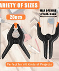 Heavy Duty 4.5-Inch Spring Clamps 20 Pack Pro Grade Nylon Construction With Removable Orange Jaw Pads displayed on wood surface