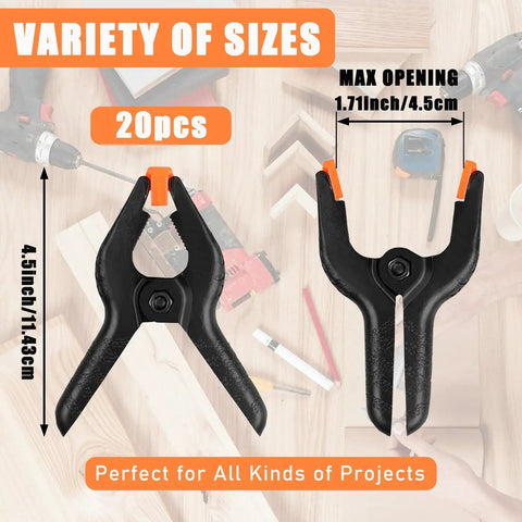 Heavy Duty 4.5-Inch Spring Clamps 20 Pack Pro Grade Nylon Construction With Removable Orange Jaw Pads displayed on wood surface