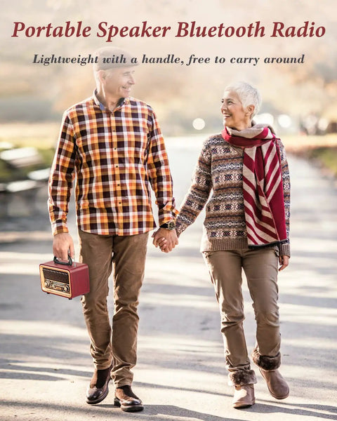 Retro Bluetooth Speaker With Deep Bass And Stereo Sound Portable AM FM Radio carried by couple in park