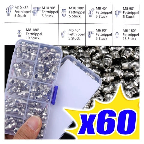 Gearhead Approved Grease Nipple Kit, 60 Piece Assortment For Bearings And Automotive Industrial Parts M6 M8 M10 Hydraulic Zerk