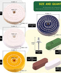 Badass 3 Inch Buffing Polishing Wheel Kit Featuring Workhorse Sisal Denim And Ultra Plush Cotton Buffer Discs Paired With Classic Brown Tripoli White Diamond And Green Rouge Compounds For Shop Grinding Tasks showing size and quantity of components.
