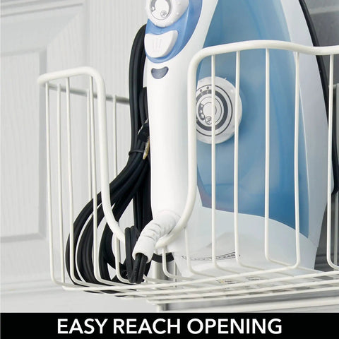 Wall Mounted Ironing Board Rack With Basket Storage For Easy Organization All-In-One Heavy Duty Steel Ironing Board Holder In White